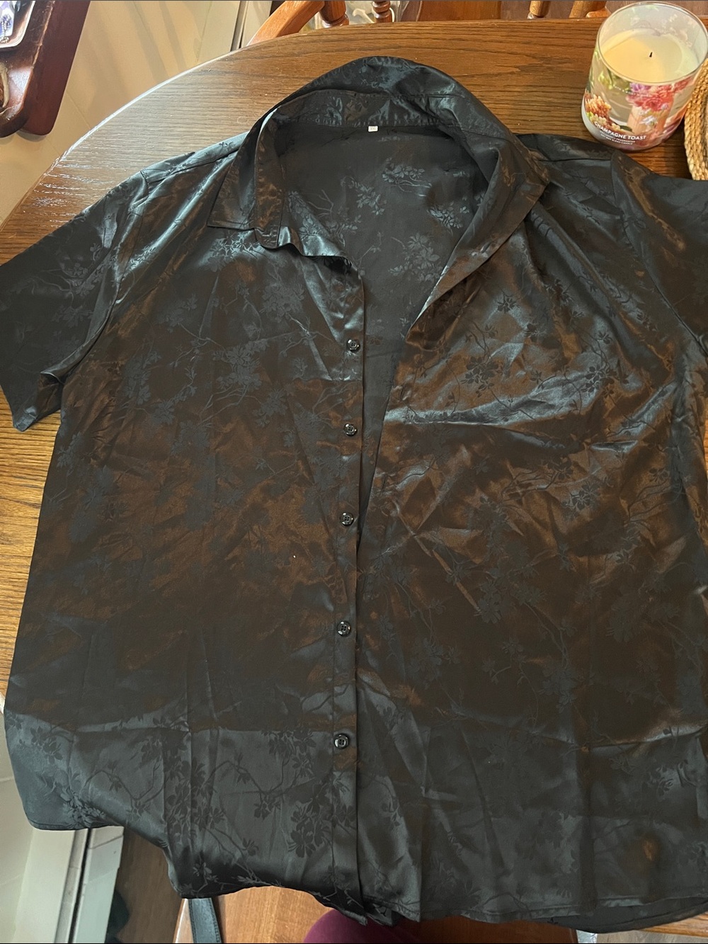 Amazon Black Floral Jacquard Short Sleeve Button-Down Shirt